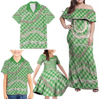 Green Aloha Hawaii Shell Lei Family Matching Off Shoulder Maxi Dress and Hawaiian Shirt Palaka Hebrew Cone Honey Cowrie Elegant Curves - Polynesian Pride