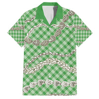 Green Aloha Hawaii Shell Lei Family Matching Off Shoulder Maxi Dress and Hawaiian Shirt Palaka Hebrew Cone Honey Cowrie Elegant Curves - Polynesian Pride