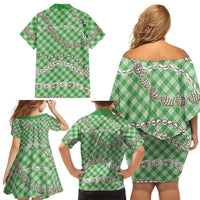 Green Aloha Hawaii Shell Lei Family Matching Off Shoulder Short Dress and Hawaiian Shirt Palaka Hebrew Cone Honey Cowrie Elegant Curves - Polynesian Pride