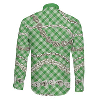 Green Aloha Hawaii Shell Lei Family Matching Off Shoulder Short Dress and Hawaiian Shirt Palaka Hebrew Cone Honey Cowrie Elegant Curves - Polynesian Pride