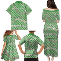 Green Aloha Hawaii Shell Lei Family Matching Puletasi and Hawaiian Shirt Palaka Hebrew Cone Honey Cowrie Elegant Curves - Polynesian Pride