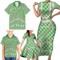 Green Aloha Hawaii Shell Lei Family Matching Short Sleeve Bodycon Dress and Hawaiian Shirt Palaka Hebrew Cone Honey Cowrie Elegant Curves - Polynesian Pride