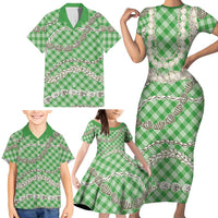 Green Aloha Hawaii Shell Lei Family Matching Short Sleeve Bodycon Dress and Hawaiian Shirt Palaka Hebrew Cone Honey Cowrie Elegant Curves - Polynesian Pride