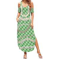 Green Aloha Hawaii Shell Lei Family Matching Summer Maxi Dress and Hawaiian Shirt Palaka Hebrew Cone Honey Cowrie Elegant Curves - Polynesian Pride