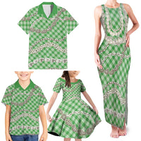 Green Aloha Hawaii Shell Lei Family Matching Tank Maxi Dress and Hawaiian Shirt Palaka Hebrew Cone Honey Cowrie Elegant Curves - Polynesian Pride