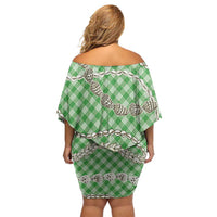 Green Aloha Hawaii Shell Lei Off Shoulder Short Dress Palaka Hebrew Cone Honey Cowrie Elegant Curves - Polynesian Pride