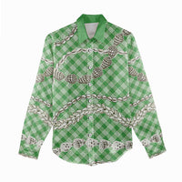 Green Aloha Hawaii Shell Lei Women Casual Shirt Palaka Hebrew Cone Honey Cowrie Elegant Curves - Polynesian Pride