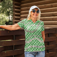Green Aloha Hawaii Shell Lei Women Polo Shirt Palaka Hebrew Cone Honey Cowrie Elegant Curves - Polynesian Pride