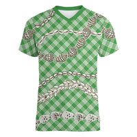 Green Aloha Hawaii Shell Lei Women V-Neck T-Shirt Palaka Hebrew Cone Honey Cowrie Elegant Curves - Polynesian Pride