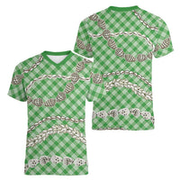 Green Aloha Hawaii Shell Lei Women V-Neck T-Shirt Palaka Hebrew Cone Honey Cowrie Elegant Curves - Polynesian Pride