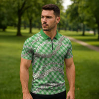 Green Aloha Hawaii Shell Lei Zipper Polo Shirt Palaka Hebrew Cone Honey Cowrie Elegant Curves - Polynesian Pride