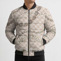 Beige Aloha Hawaii Shell Lei Bomber Puffer Jacket Palaka Hebrew Cone Honey Cowrie Elegant Curves - Polynesian Pride