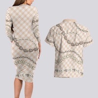 Beige Aloha Hawaii Shell Lei Couples Matching Long Sleeve Bodycon Dress and Hawaiian Shirt Palaka Hebrew Cone Honey Cowrie Elegant Curves - Polynesian Pride