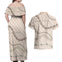 Beige Aloha Hawaii Shell Lei Couples Matching Off Shoulder Maxi Dress and Hawaiian Shirt Palaka Hebrew Cone Honey Cowrie Elegant Curves - Polynesian Pride