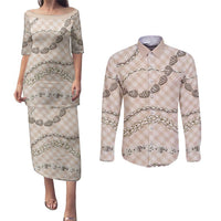 Beige Aloha Hawaii Shell Lei Couples Matching Puletasi and Long Sleeve Button Shirt Palaka Hebrew Cone Honey Cowrie Elegant Curves - Polynesian Pride