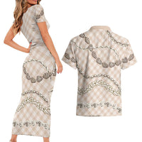 Beige Aloha Hawaii Shell Lei Couples Matching Short Sleeve Bodycon Dress and Hawaiian Shirt Palaka Hebrew Cone Honey Cowrie Elegant Curves - Polynesian Pride