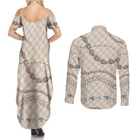 Beige Aloha Hawaii Shell Lei Couples Matching Summer Maxi Dress and Long Sleeve Button Shirt Palaka Hebrew Cone Honey Cowrie Elegant Curves - Polynesian Pride