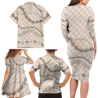 Beige Aloha Hawaii Shell Lei Family Matching Long Sleeve Bodycon Dress and Hawaiian Shirt Palaka Hebrew Cone Honey Cowrie Elegant Curves - Polynesian Pride