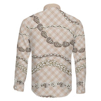 Beige Aloha Hawaii Shell Lei Family Matching Long Sleeve Bodycon Dress and Hawaiian Shirt Palaka Hebrew Cone Honey Cowrie Elegant Curves - Polynesian Pride