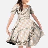 Beige Aloha Hawaii Shell Lei Family Matching Off The Shoulder Long Sleeve Dress and Hawaiian Shirt Palaka Hebrew Cone Honey Cowrie Elegant Curves - Polynesian Pride