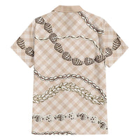 Beige Aloha Hawaii Shell Lei Family Matching Off The Shoulder Long Sleeve Dress and Hawaiian Shirt Palaka Hebrew Cone Honey Cowrie Elegant Curves - Polynesian Pride