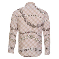 Beige Aloha Hawaii Shell Lei Family Matching Off Shoulder Maxi Dress and Hawaiian Shirt Palaka Hebrew Cone Honey Cowrie Elegant Curves - Polynesian Pride