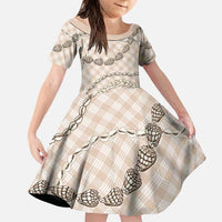 Beige Aloha Hawaii Shell Lei Family Matching Off Shoulder Short Dress and Hawaiian Shirt Palaka Hebrew Cone Honey Cowrie Elegant Curves - Polynesian Pride
