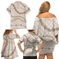 Beige Aloha Hawaii Shell Lei Family Matching Off Shoulder Short Dress and Hawaiian Shirt Palaka Hebrew Cone Honey Cowrie Elegant Curves - Polynesian Pride
