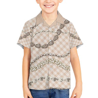 Beige Aloha Hawaii Shell Lei Family Matching Off Shoulder Short Dress and Hawaiian Shirt Palaka Hebrew Cone Honey Cowrie Elegant Curves - Polynesian Pride