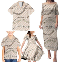 Beige Aloha Hawaii Shell Lei Family Matching Puletasi and Hawaiian Shirt Palaka Hebrew Cone Honey Cowrie Elegant Curves - Polynesian Pride
