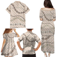 Beige Aloha Hawaii Shell Lei Family Matching Puletasi and Hawaiian Shirt Palaka Hebrew Cone Honey Cowrie Elegant Curves - Polynesian Pride