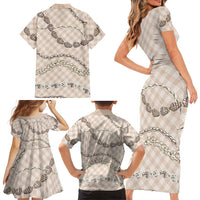 Beige Aloha Hawaii Shell Lei Family Matching Short Sleeve Bodycon Dress and Hawaiian Shirt Palaka Hebrew Cone Honey Cowrie Elegant Curves - Polynesian Pride