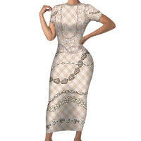 Beige Aloha Hawaii Shell Lei Family Matching Short Sleeve Bodycon Dress and Hawaiian Shirt Palaka Hebrew Cone Honey Cowrie Elegant Curves - Polynesian Pride