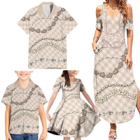 Beige Aloha Hawaii Shell Lei Family Matching Summer Maxi Dress and Hawaiian Shirt Palaka Hebrew Cone Honey Cowrie Elegant Curves - Polynesian Pride