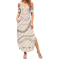 Beige Aloha Hawaii Shell Lei Family Matching Summer Maxi Dress and Hawaiian Shirt Palaka Hebrew Cone Honey Cowrie Elegant Curves - Polynesian Pride