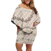 Beige Aloha Hawaii Shell Lei Off Shoulder Short Dress Palaka Hebrew Cone Honey Cowrie Elegant Curves - Polynesian Pride