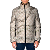 Beige Aloha Hawaii Shell Lei Padded Jacket Palaka Hebrew Cone Honey Cowrie Elegant Curves - Polynesian Pride