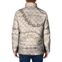 Beige Aloha Hawaii Shell Lei Padded Jacket Palaka Hebrew Cone Honey Cowrie Elegant Curves - Polynesian Pride