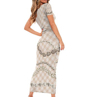 Beige Aloha Hawaii Shell Lei Short Sleeve Bodycon Dress Palaka Hebrew Cone Honey Cowrie Elegant Curves - Polynesian Pride