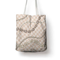Beige Aloha Hawaii Shell Lei Tote Bag Palaka Hebrew Cone Honey Cowrie Elegant Curves - Polynesian Pride