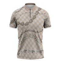 Beige Aloha Hawaii Shell Lei Zipper Polo Shirt Palaka Hebrew Cone Honey Cowrie Elegant Curves - Polynesian Pride