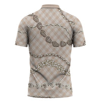 Beige Aloha Hawaii Shell Lei Zipper Polo Shirt Palaka Hebrew Cone Honey Cowrie Elegant Curves LT14 - Polynesian Pride