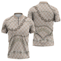 Beige Aloha Hawaii Shell Lei Zipper Polo Shirt Palaka Hebrew Cone Honey Cowrie Elegant Curves LT14 - Polynesian Pride