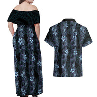 Purple Paradise Hawaii Shell Lei Couples Matching Off Shoulder Maxi Dress and Hawaiian Shirt Hawaiian Sunrise Shell Hebrew Cone Plumeria - Polynesian Pride
