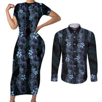 Purple Paradise Hawaii Shell Lei Couples Matching Short Sleeve Bodycon Dress and Long Sleeve Button Shirt Hawaiian Sunrise Shell Hebrew Cone Plumeria - Polynesian Pride