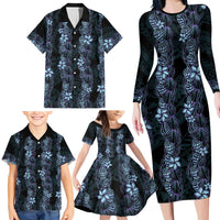 Purple Paradise Hawaii Shell Lei Family Matching Long Sleeve Bodycon Dress and Hawaiian Shirt Hawaiian Sunrise Shell Hebrew Cone Plumeria - Polynesian Pride