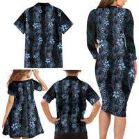 Purple Paradise Hawaii Shell Lei Family Matching Long Sleeve Bodycon Dress and Hawaiian Shirt Hawaiian Sunrise Shell Hebrew Cone Plumeria - Polynesian Pride