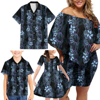 Purple Paradise Hawaii Shell Lei Family Matching Off Shoulder Short Dress and Hawaiian Shirt Hawaiian Sunrise Shell Hebrew Cone Plumeria - Polynesian Pride