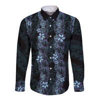 Purple Paradise Hawaii Shell Lei Long Sleeve Button Shirt Hawaiian Sunrise Shell Hebrew Cone Plumeria - Polynesian Pride