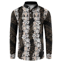 Black and Beige Hawaii Shell Lei Button Sweatshirt Hawaiian Sunrise Shell Hebrew Cone Plumeria - Polynesian Pride